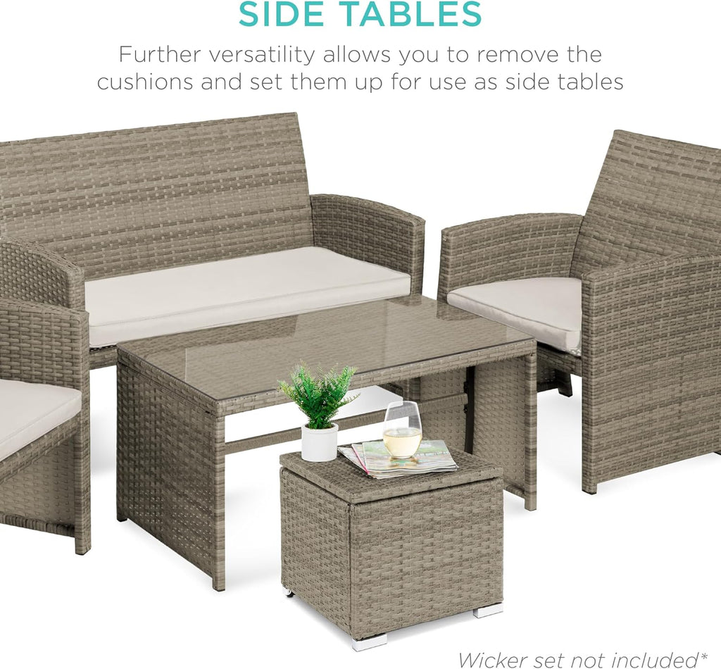 Best Choice Products - Juego de 2 otomanas de mimbre, muebles multiusos para exteriores, para patio, asiento adicional, reposapiés, mesa auxiliar con almacenamiento, cojines extraíbles, arena blanca