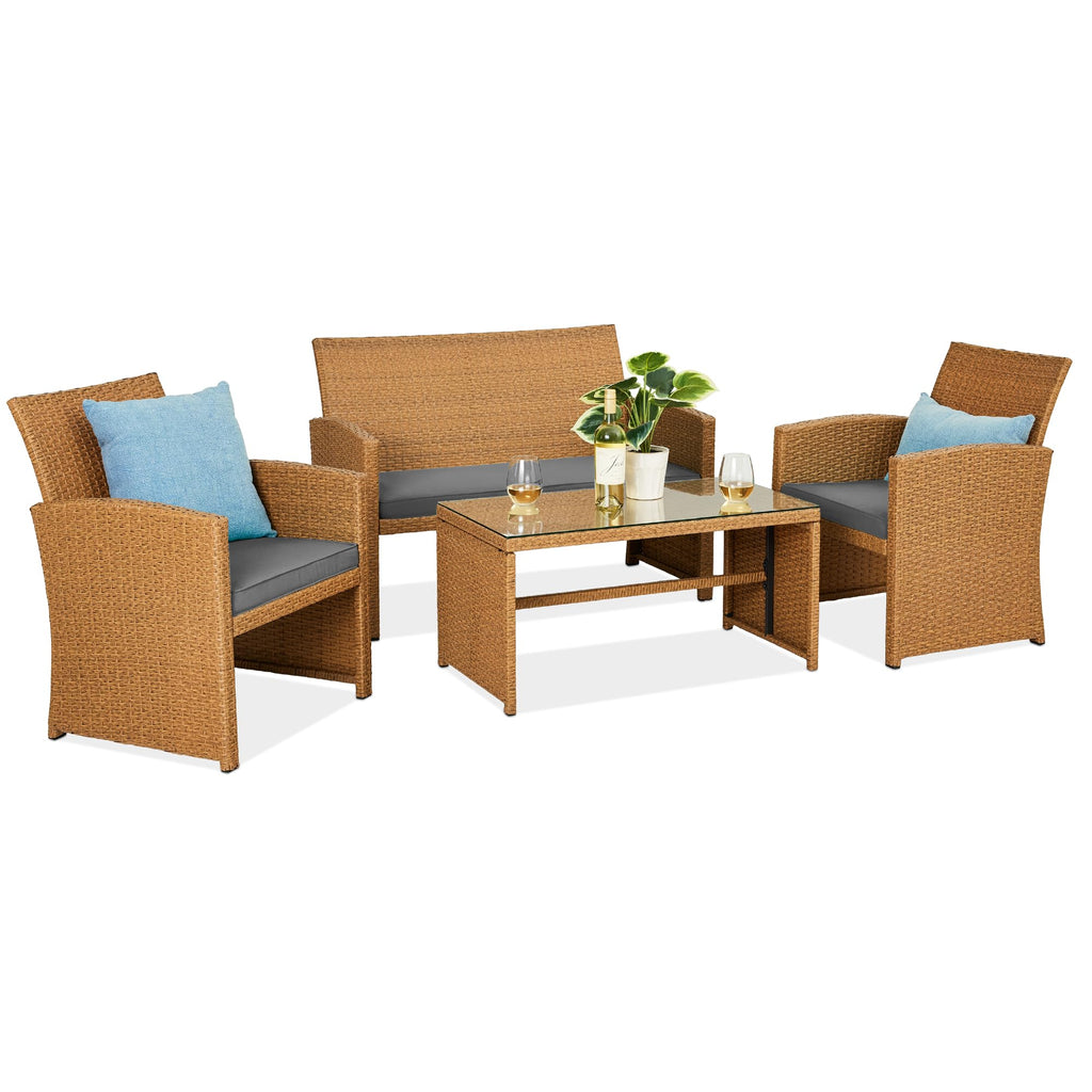 Best Choice Products - Juego de muebles de mimbre para patio de patio de 4 piezas para patio trasero con mesa de centro, cojines de asiento, color topo/arena blanca
