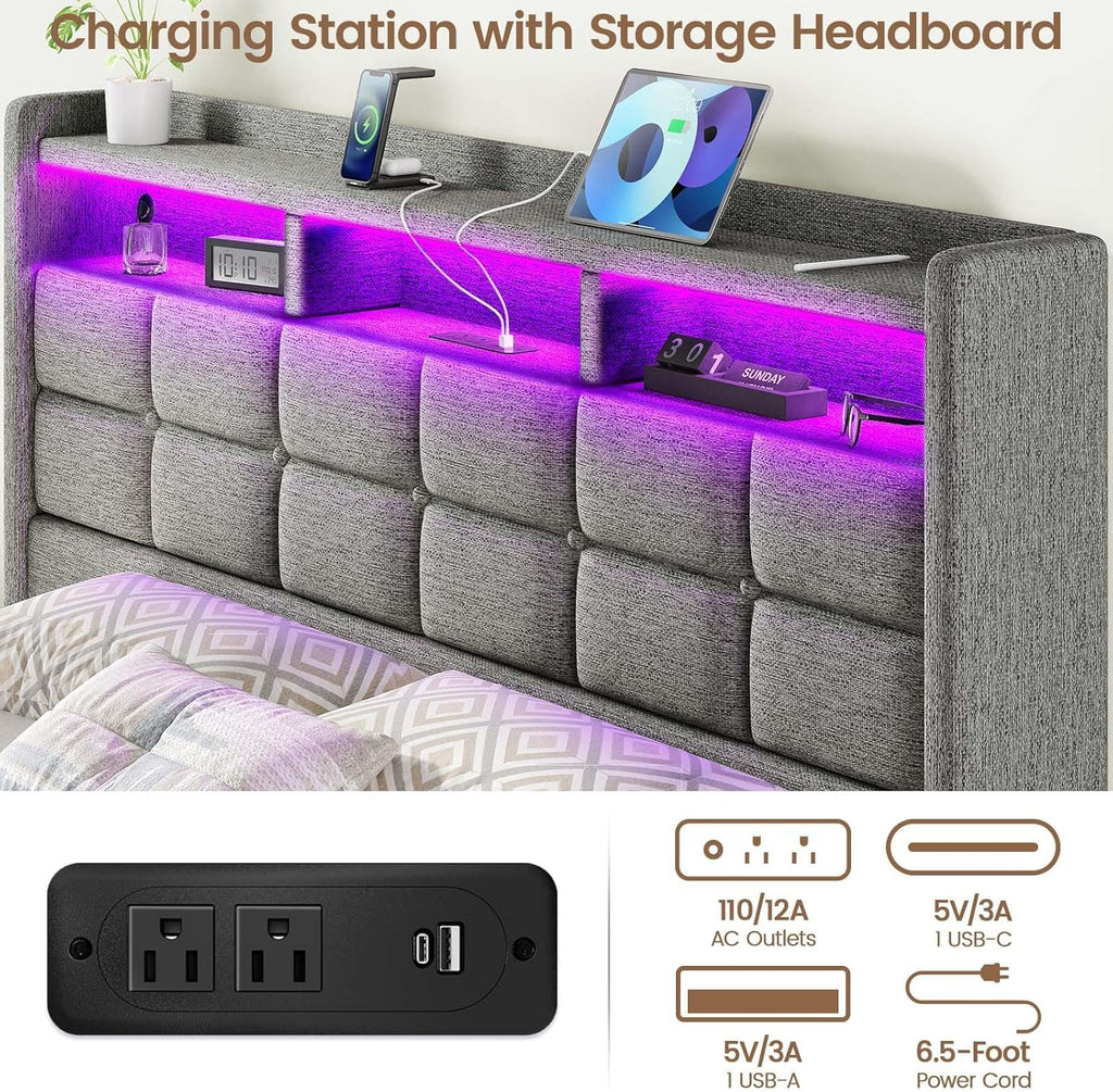 Marco de Cama de tamaño Queen con Almacenamiento, Marco de Cama tapizado tamaño Queen con Luces LED, cabecera y estación de Carga, no Necesita somier, fácil Montaje, Gris Claro