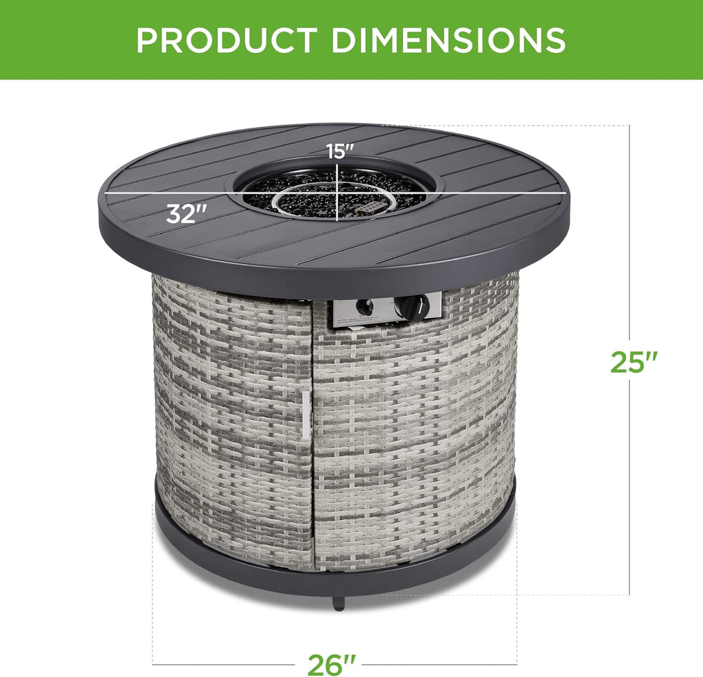Best Choice Products Mesa redonda de gas de 32 pulgadas, 50.000 BTU para exteriores, de mimbre para patio, con mesa de madera sintética, abalorio de vidrio, cubierta, soporte para tanque oculto, tapa, color gris