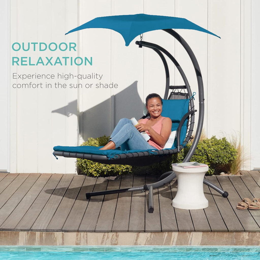 Best Choice Products - Tumbona curvada de acero para colgar al aire última intervensión, con almohada integrada y toldo extraíble, color azul pavo real