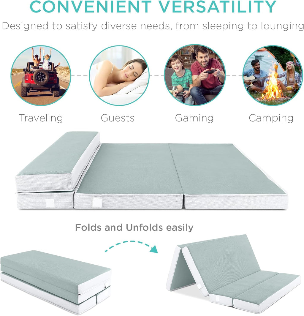 Best Choice Products Colchón portátil de tamaño doble de 4 pulgadas, colchón triple plegable para camping, invitados, niños pequeños, felpa de espuma con funda de transporte, color crema marina
