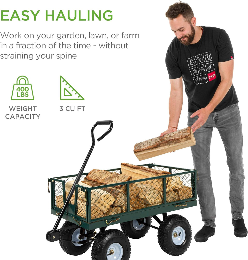 Best Choice Products - Carro de jardín utilitario para césped, Patio con Capacidad de Peso de Acero Resistente de 400 Libras, Lados extraíbles, Mango Largo, neumáticos de 10 Pulgadas, Color Verde