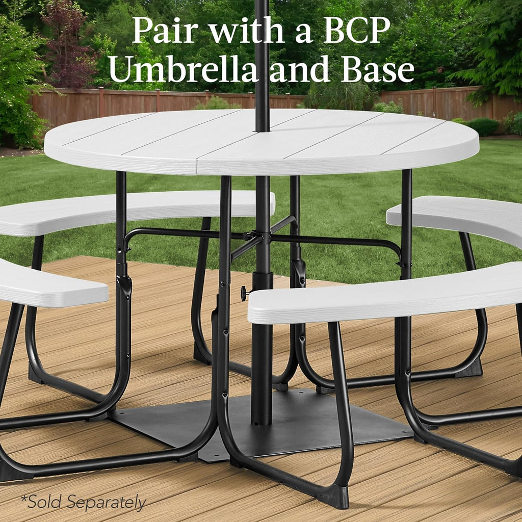 Best Choice Products - Mesa de picnic para 8 personas, circular con 4 bancos integrados y agujero para paraguas, capacidad de 2000 libras, color blanco