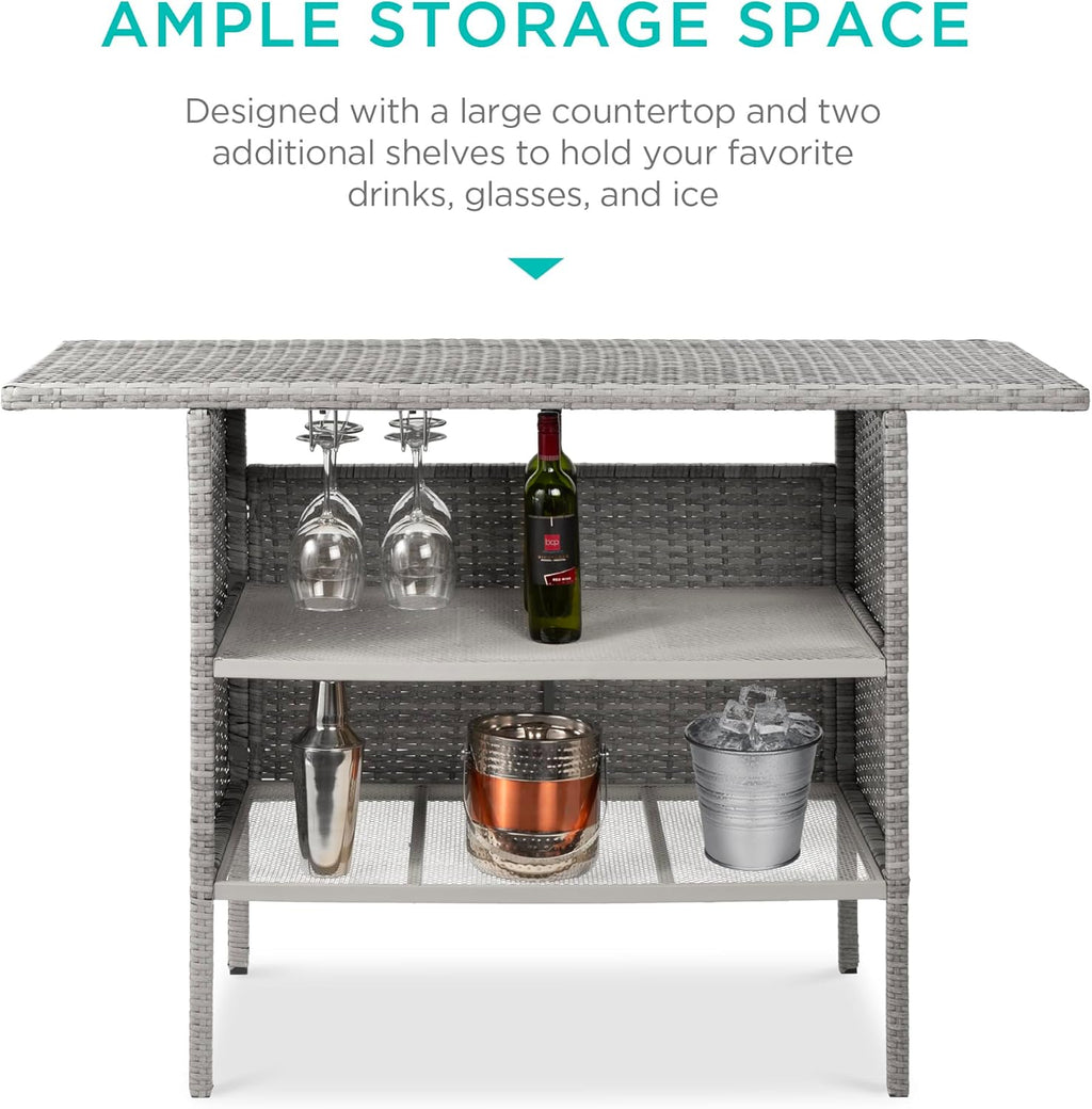 Best Choice Products - Mesa de mimbre para patio al aire libre con 2 estantes de acero y 2 juegos de carriles, color gris