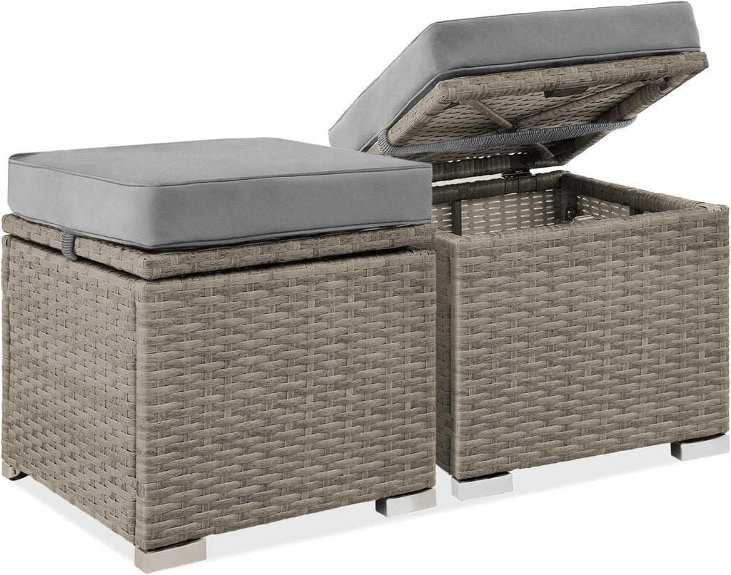 Best Choice Products - Juego de 2 otomanas de mimbre, muebles multiusos para exteriores, para patio, asiento adicional, reposapiés, mesa auxiliar con almacenamiento, cojines extraíbles, gris cemento