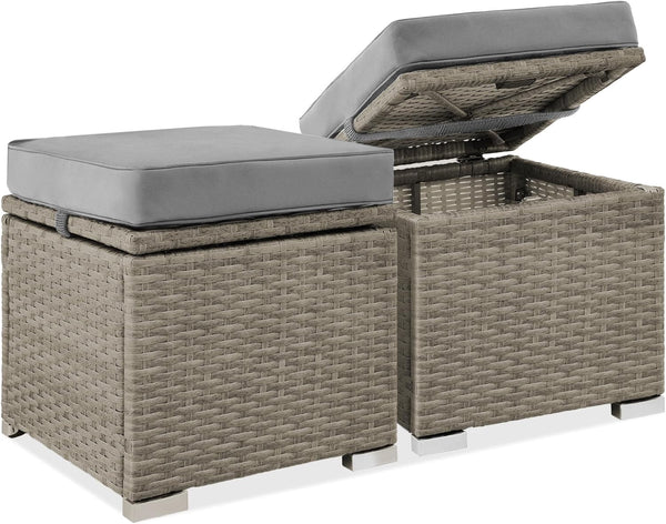 Best Choice Products - Juego de 2 otomanas de mimbre, muebles multiusos para exteriores, para patio, asiento adicional, reposapiés, mesa auxiliar con almacenamiento, cojines extraíbles, gris cemento