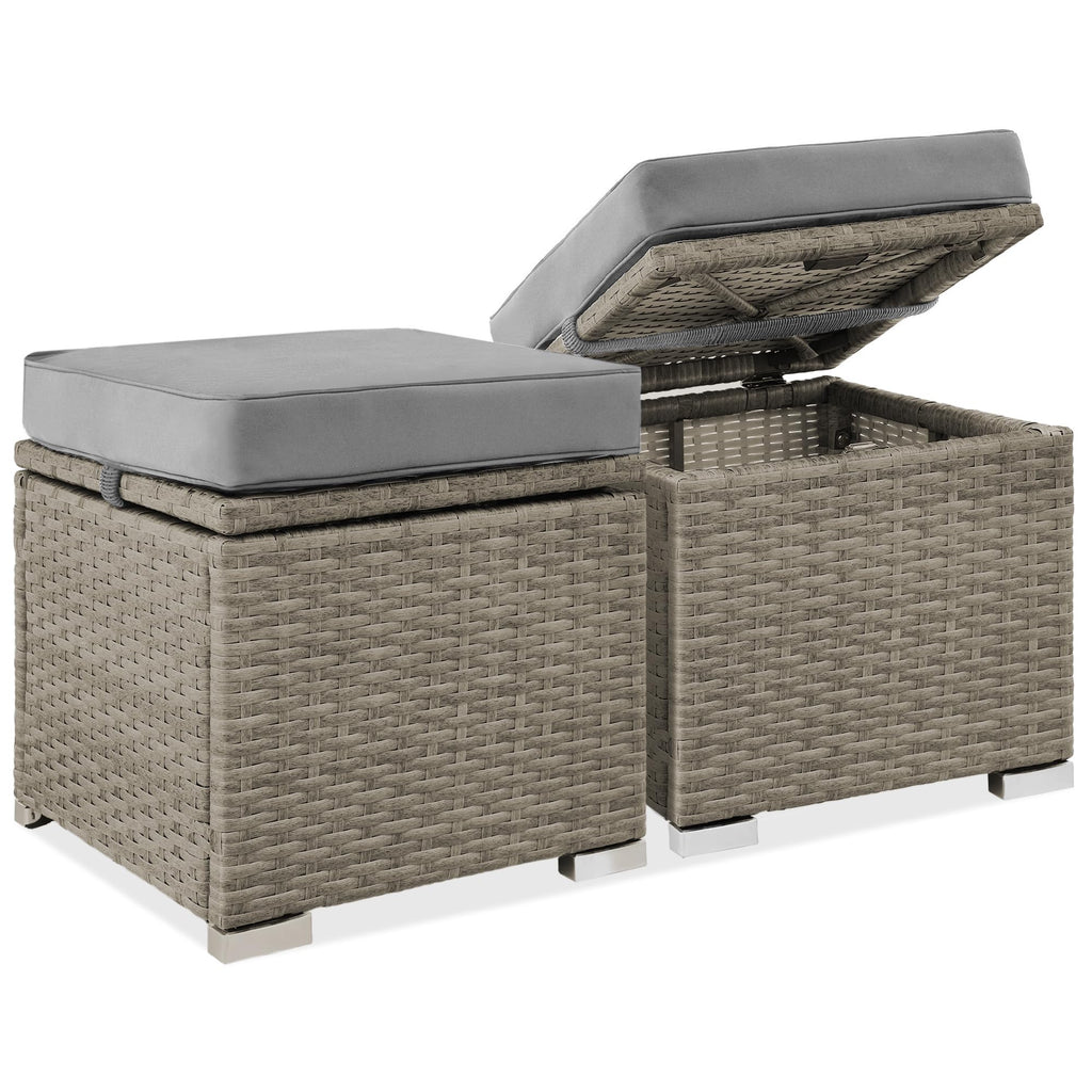 Best Choice Products - Juego de 2 otomanas de mimbre, muebles multiusos para exteriores, para patio, asiento adicional, reposapiés, mesa auxiliar con almacenamiento, cojines extraíbles, negro/negro