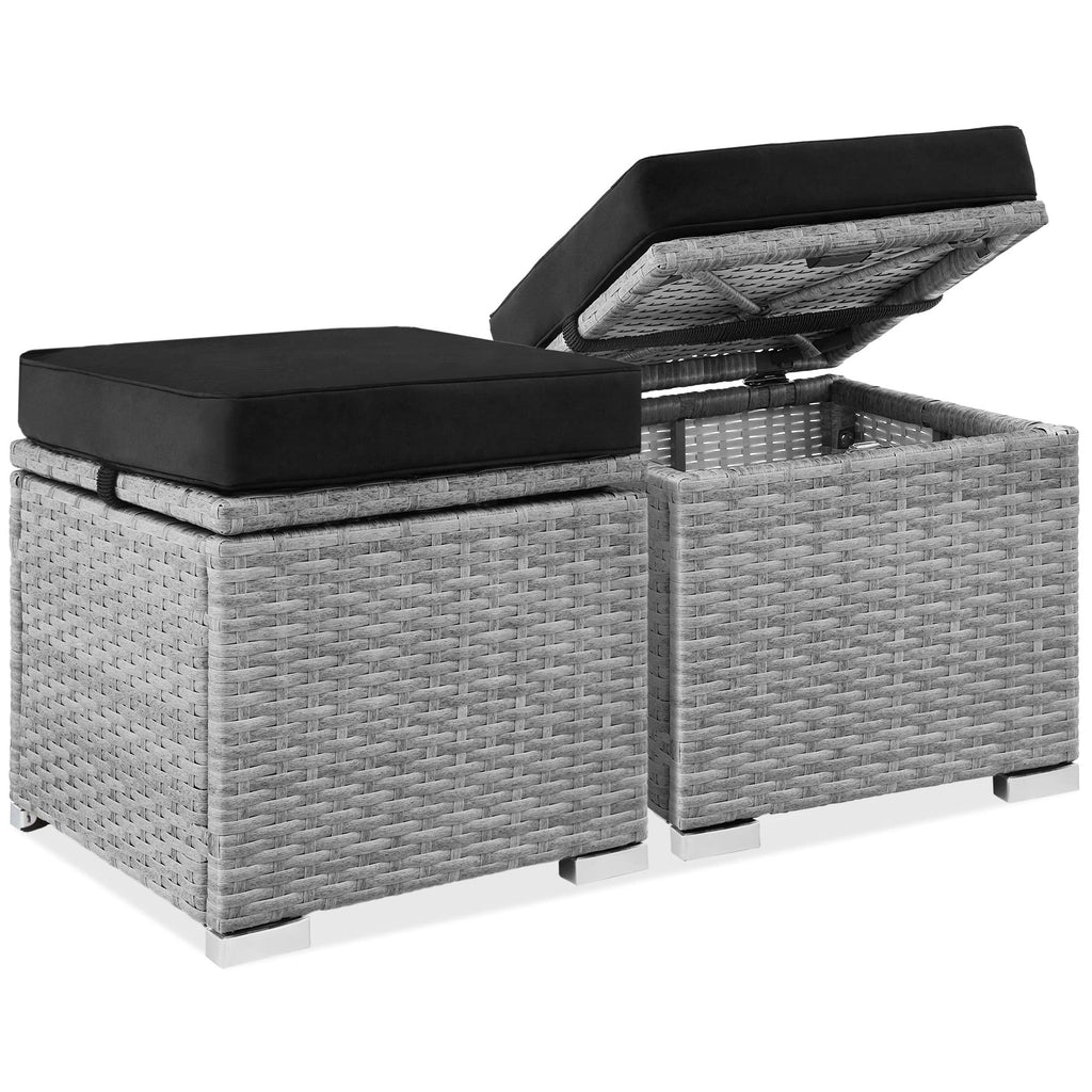 Best Choice Products - Juego de 2 otomanas de mimbre, muebles multiusos para exteriores, para patio, asiento adicional, reposapiés, mesa auxiliar con almacenamiento, cojines extraíbles, gris cemento