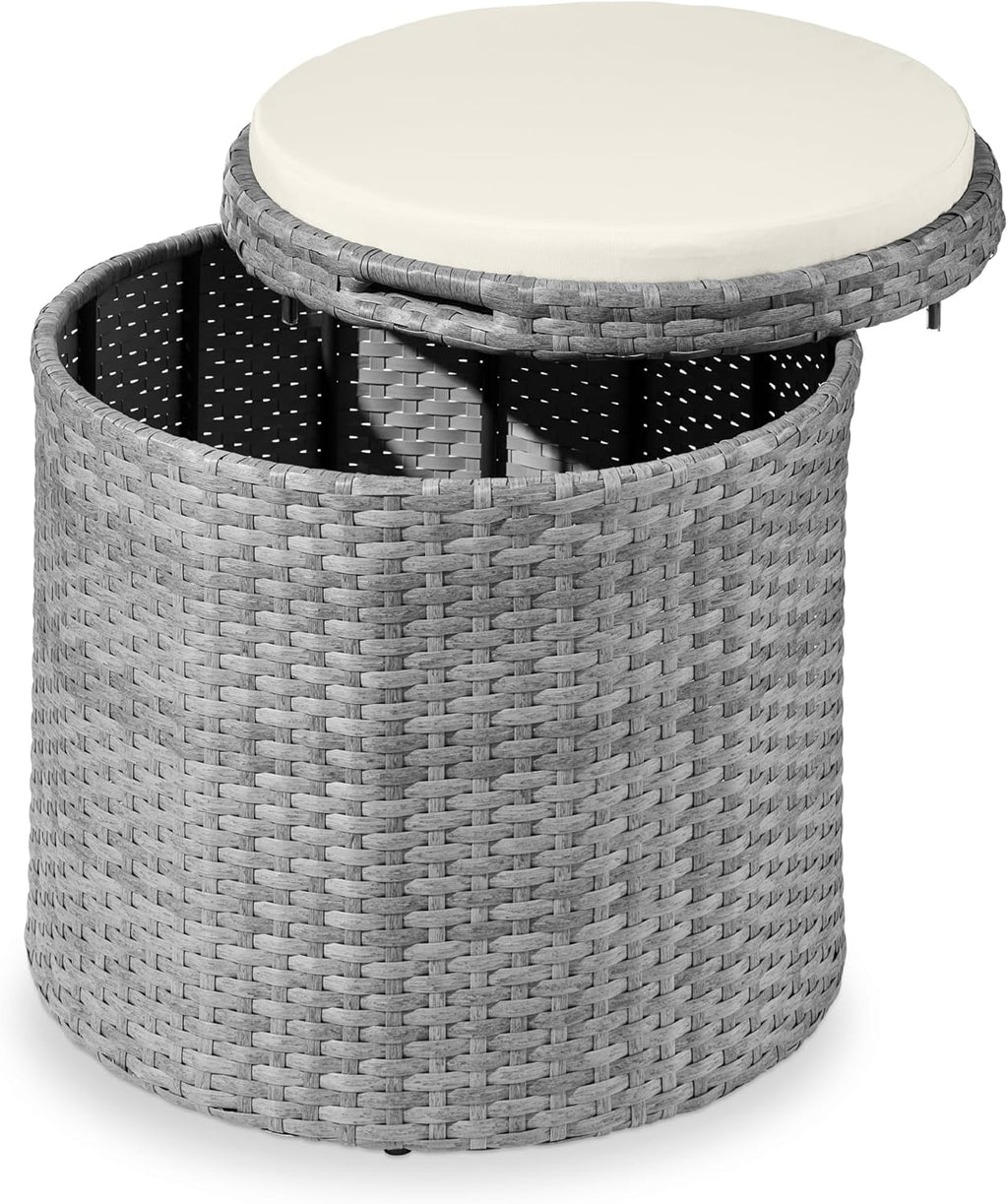 Best Choice Products otomana redonda de mimbre, muebles multiusos para exteriores, para patio, asiento adicional, reposapiés, mesa auxiliar con almacenamiento, cojines extraíbles, gris/crema