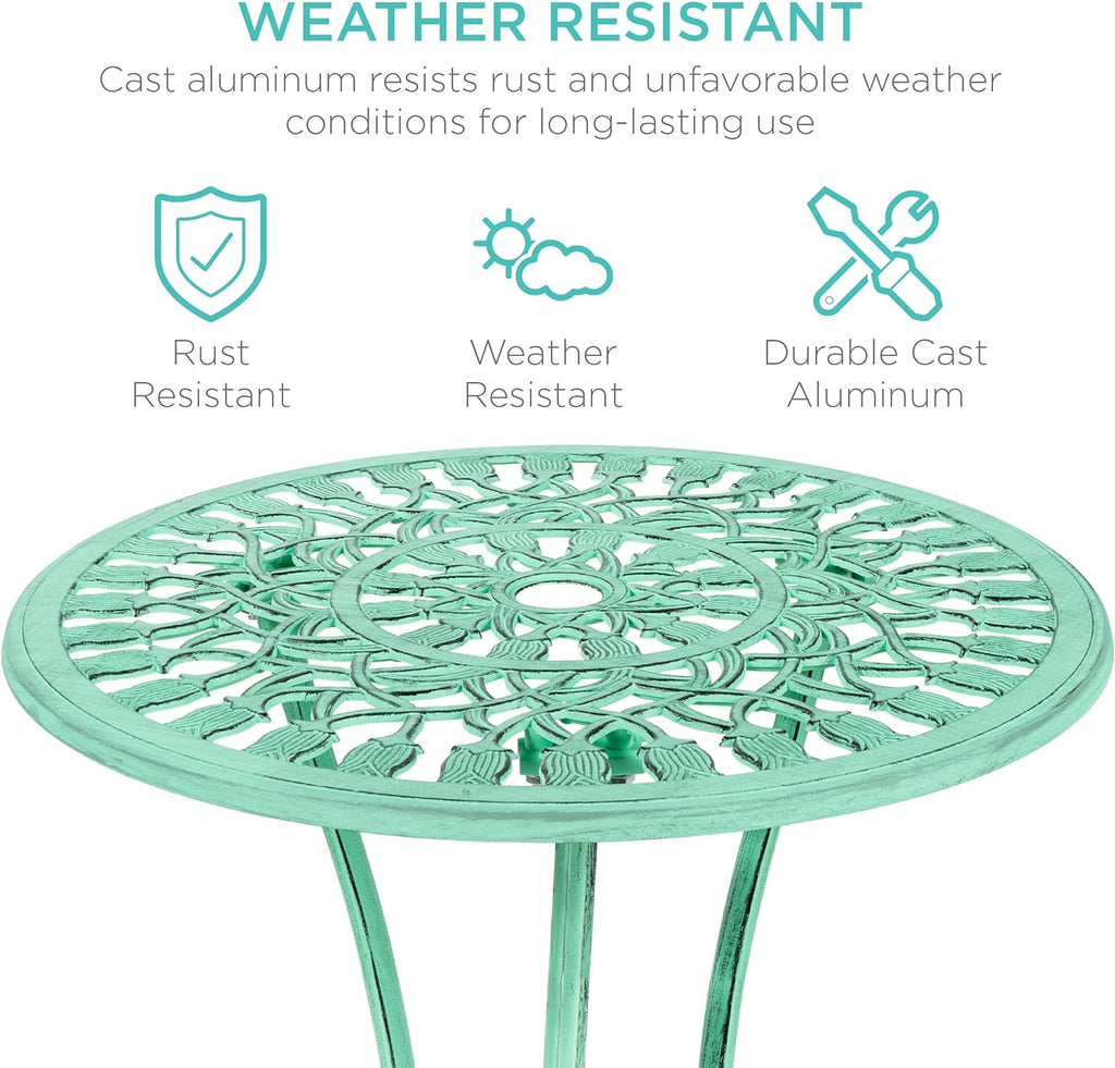 Best Choice Products Juego de 3 piezas de aluminio fundido resistente al óxido para patio con diseño de tulipán, acabado antiguo, color verde azulado