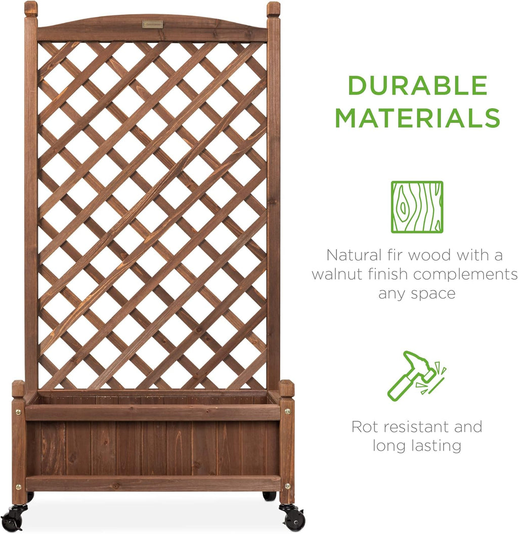 Best Choice Products - Maceta de madera de 122 cm y enrejado de diamante, cama de jardín elevada móvil para plantas trepadoras con agujeros de drenaje, ruedas opcionales - nogal