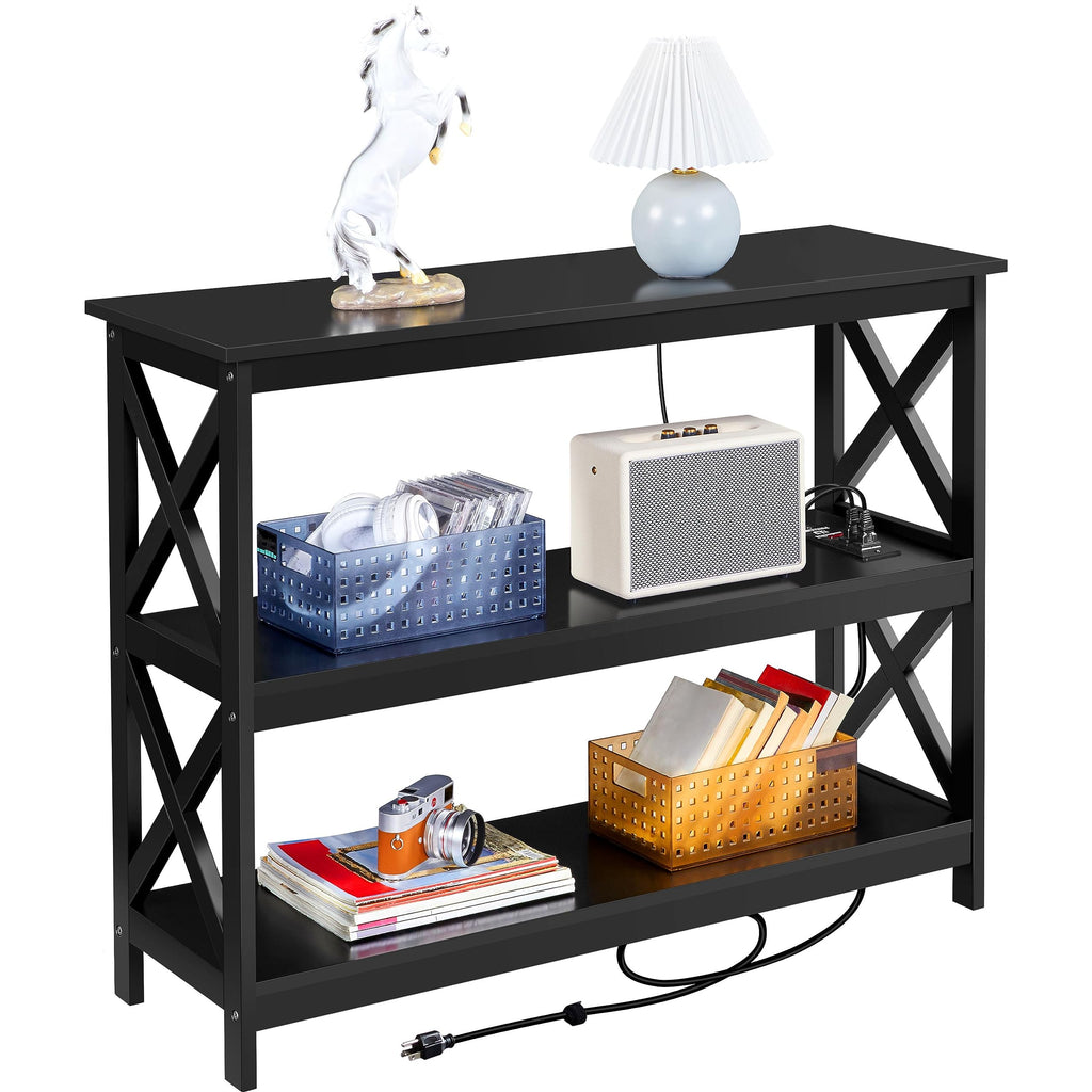 Yaheetech - Mesa de consola con 3 estantes de almacenamiento, mesa de entrada, sofá, mesa auxiliar estrecha y larga estantería para pasillo, sala de estar, muebles decorativos, color gris