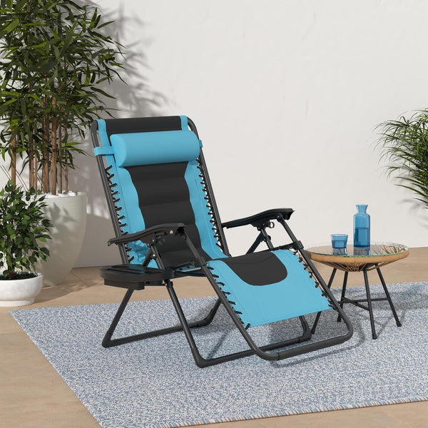 Best Choice Products - Silla acolchada de gran tamaño, reclinable plegable para patio al aire última intervensión, tumbona antigravedad XL para patio trasero con reposacabezas, soporte para vasos, bandeja lateral, malla de poliéster, azul claro/negro