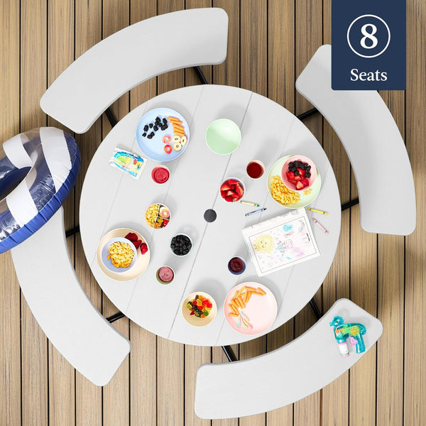 Best Choice Products - Mesa de picnic para 8 personas, circular con 4 bancos integrados y agujero para paraguas, capacidad de 2000 libras, color blanco