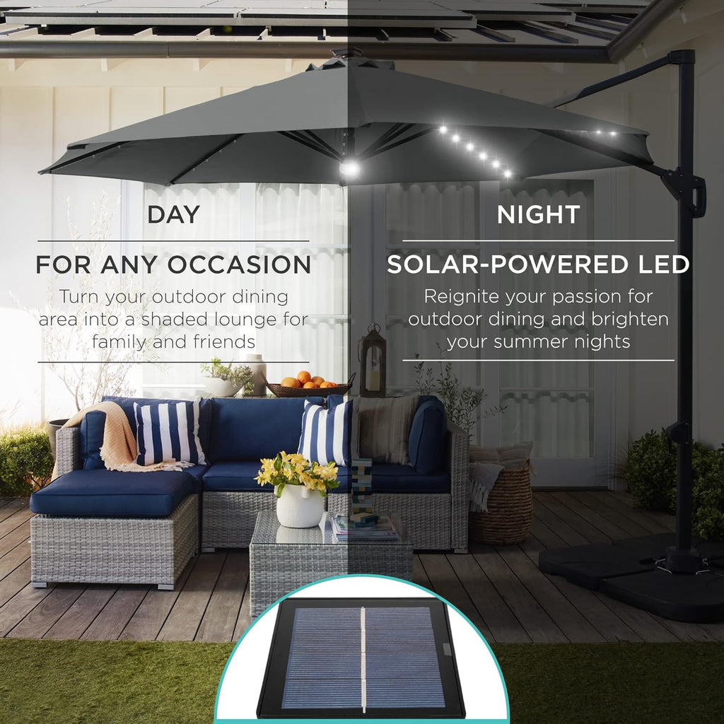Best Choice Products Paraguas Solar LED de 10 Pies, Rotación 360 Grados, para Colgar en el Mercado, Exterior, Patio, Terraza, Piscina con Luces, Fácil Inclinación, Base Cruzada, Color Gris