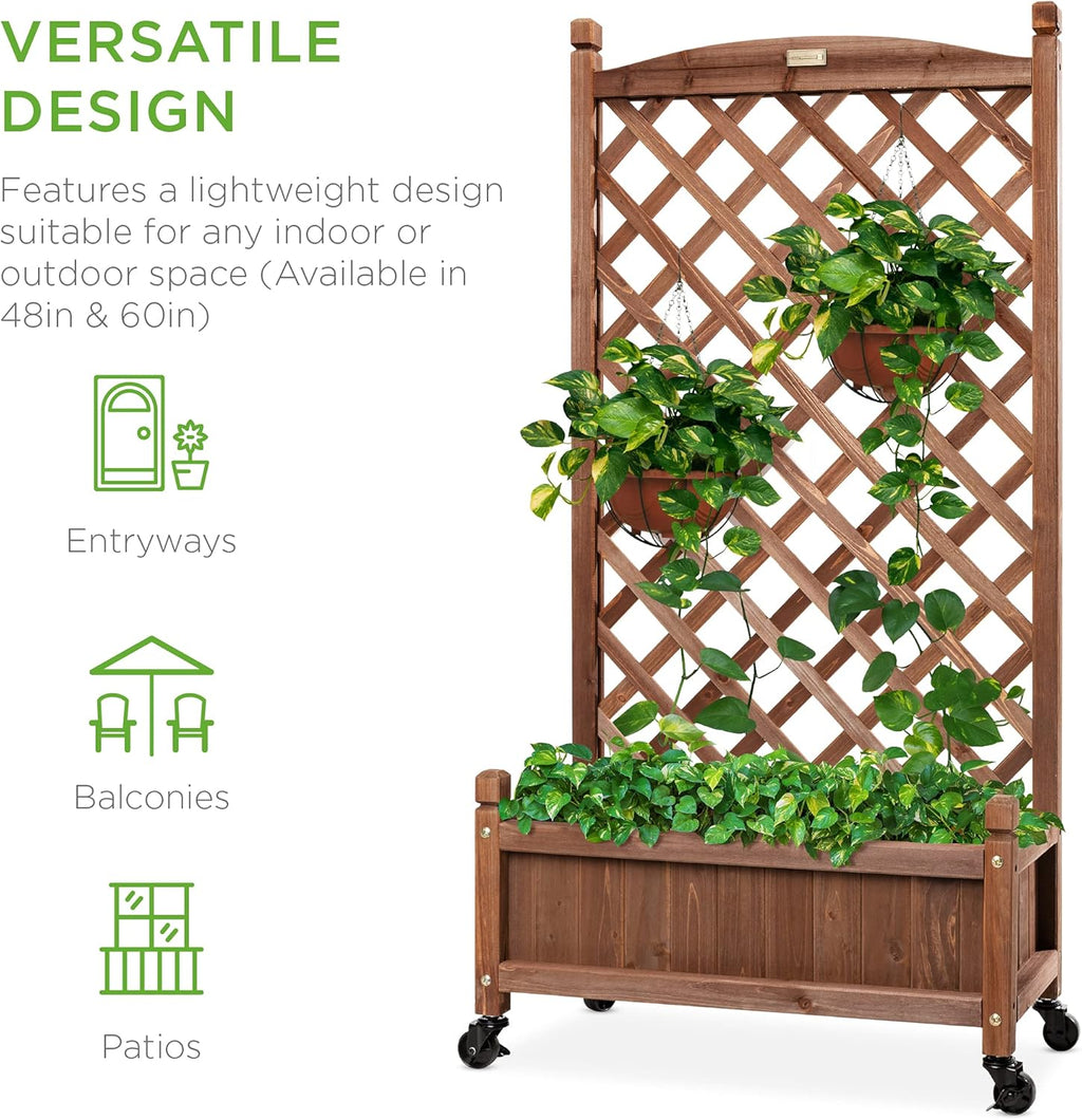 Best Choice Products - Maceta de madera de 122 cm y enrejado de diamante, cama de jardín elevada móvil para plantas trepadoras con agujeros de drenaje, ruedas opcionales - nogal