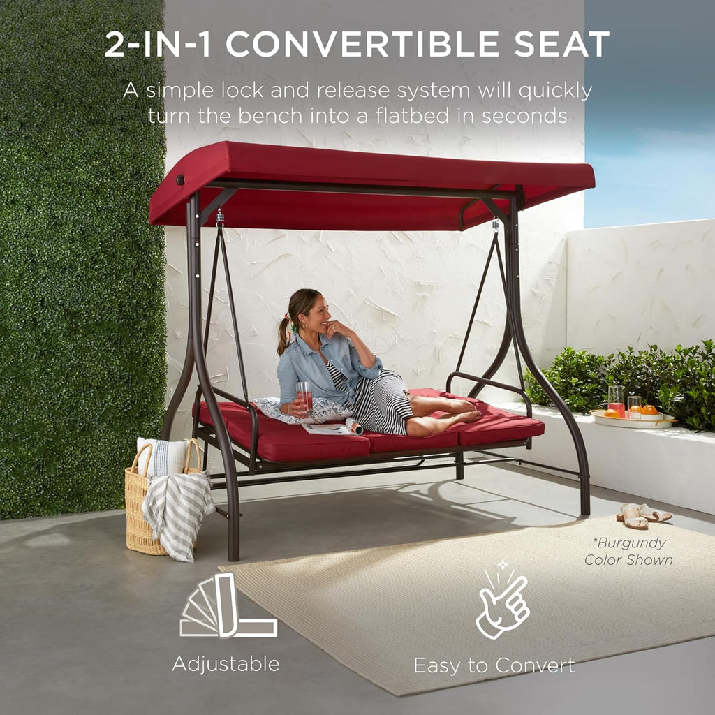 Best Choice Products - Toldo de 3 asientos para exteriores, gran convertible, hamaca de patio, sillón para porche, patio trasero con cama plana, visualización ajustable, cojines extraíbles, color gris