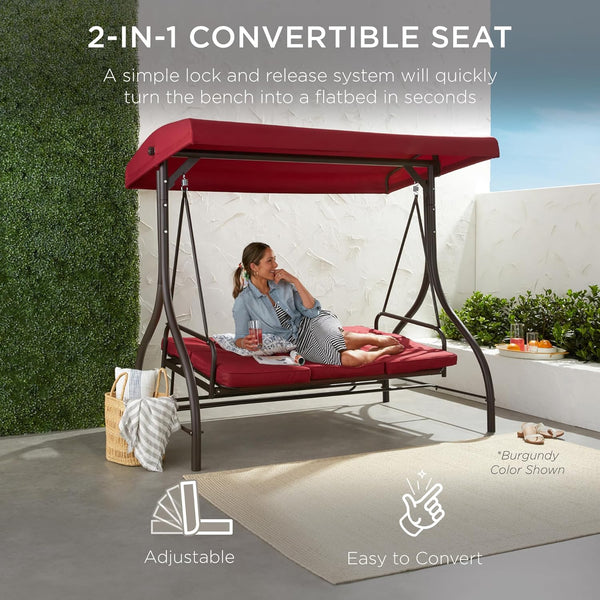 Best Choice Products Toldo Grande de 3 Asientos para Exteriores, Hamaca de Patio para Porche, Patio Trasero con Cama Plana, visualización Ajustable, Cojines extraíbles, Color café
