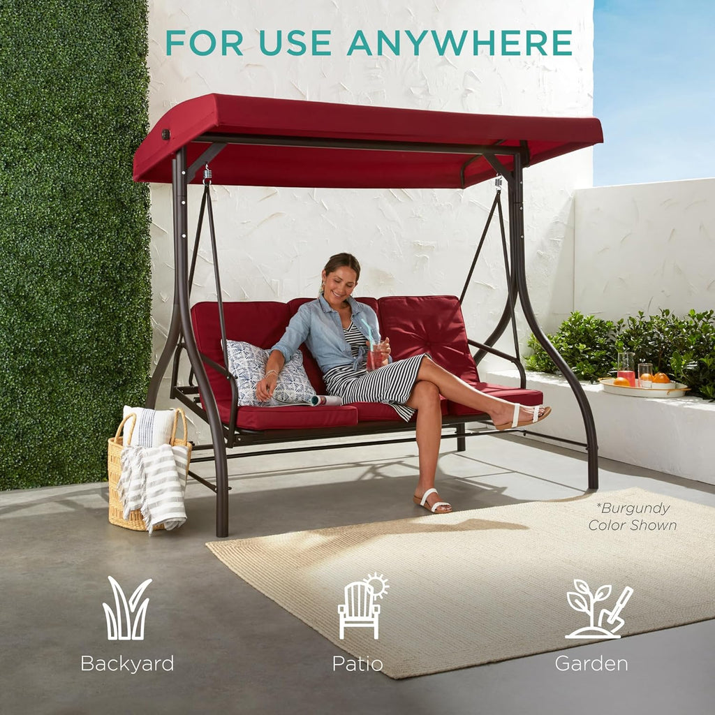 Best Choice Products - Toldo de 3 asientos para exteriores, gran convertible, hamaca de patio, sillón para porche, patio trasero con cama plana, visualización ajustable, cojines extraíbles, color azul