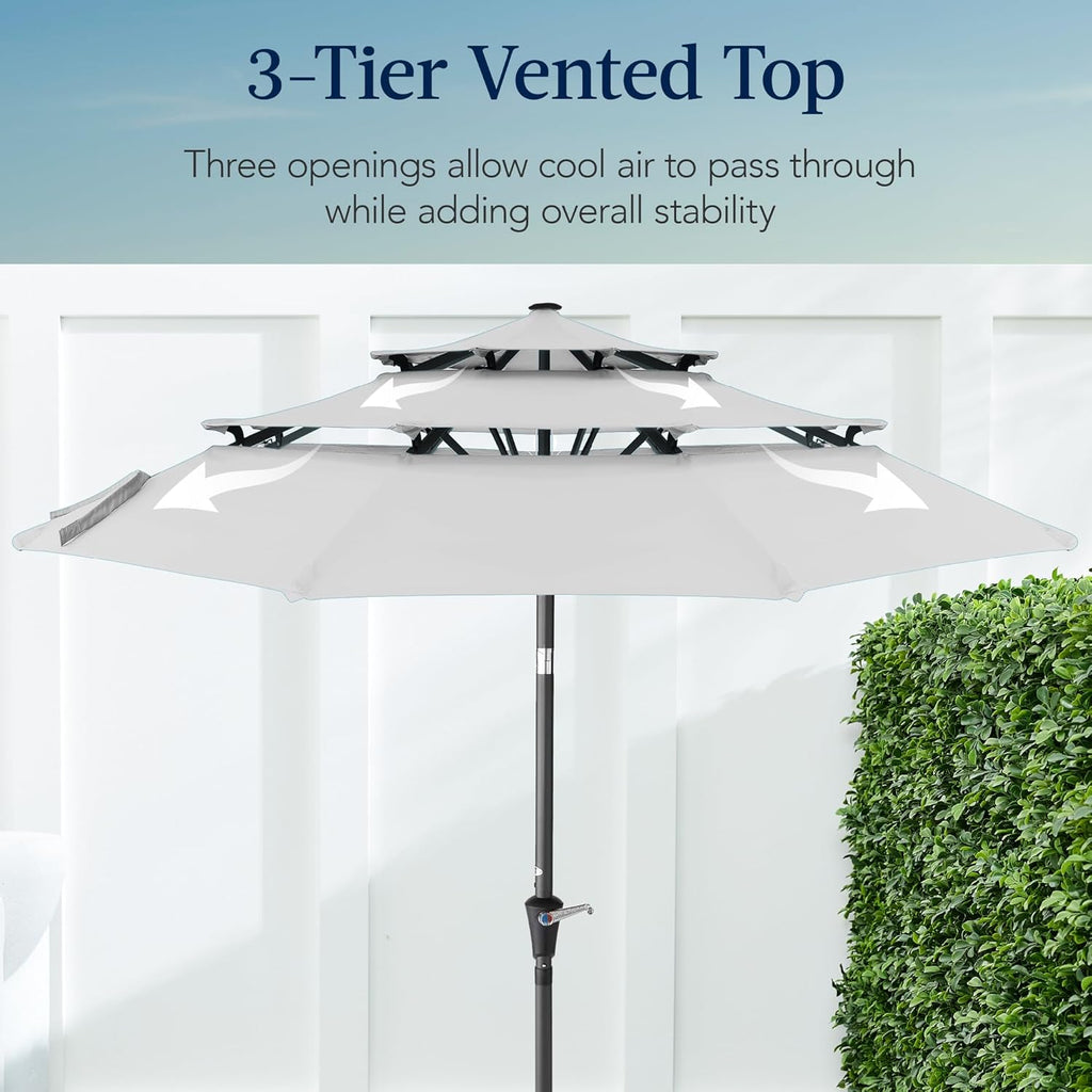 Best Choice Products - Sombrilla de patio de 3 niveles de 10 pies, parasol para patio trasero, terraza, junto a la piscina con 24 luces LED, ajuste de inclinación, manivela fácil, 8 varillas