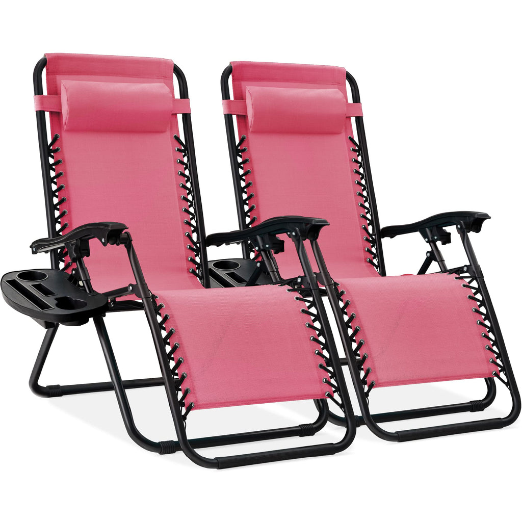 Best Choice Products - Juego de 2 sillas reclinables ajustables de malla de acero con gravedad cero con almohadas y bandejas para portavasos - rosa intenso/negro