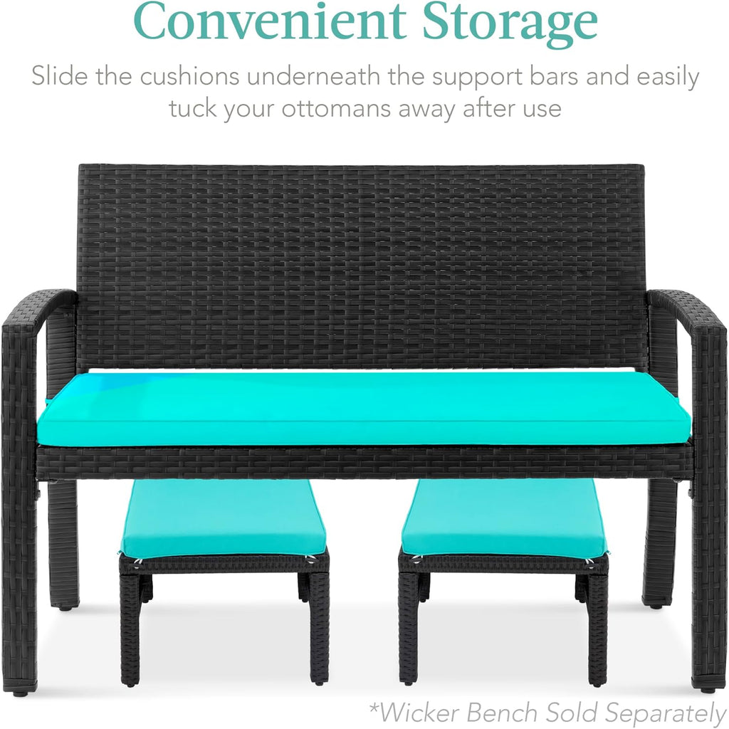 Best Choice Products Juego de 2 otomanas de mimbre, muebles de exterior multiusos para patio, patio trasero, asientos adicionales, mesas auxiliares con cojines extraíbles resistentes a la intemperie, marco de acero, color negro y verde azulado