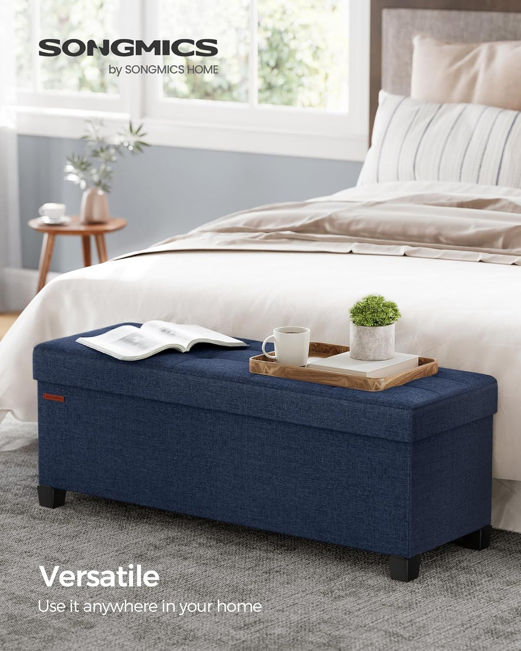 SONGMICS - Banco otomano de almacenamiento, reposapiés plegable con patas, 15 x 43 x 15.7 pulgadas, banco de extremo de cama, pecho de almacenamiento, carga hasta 650 libras, para sala de estar,