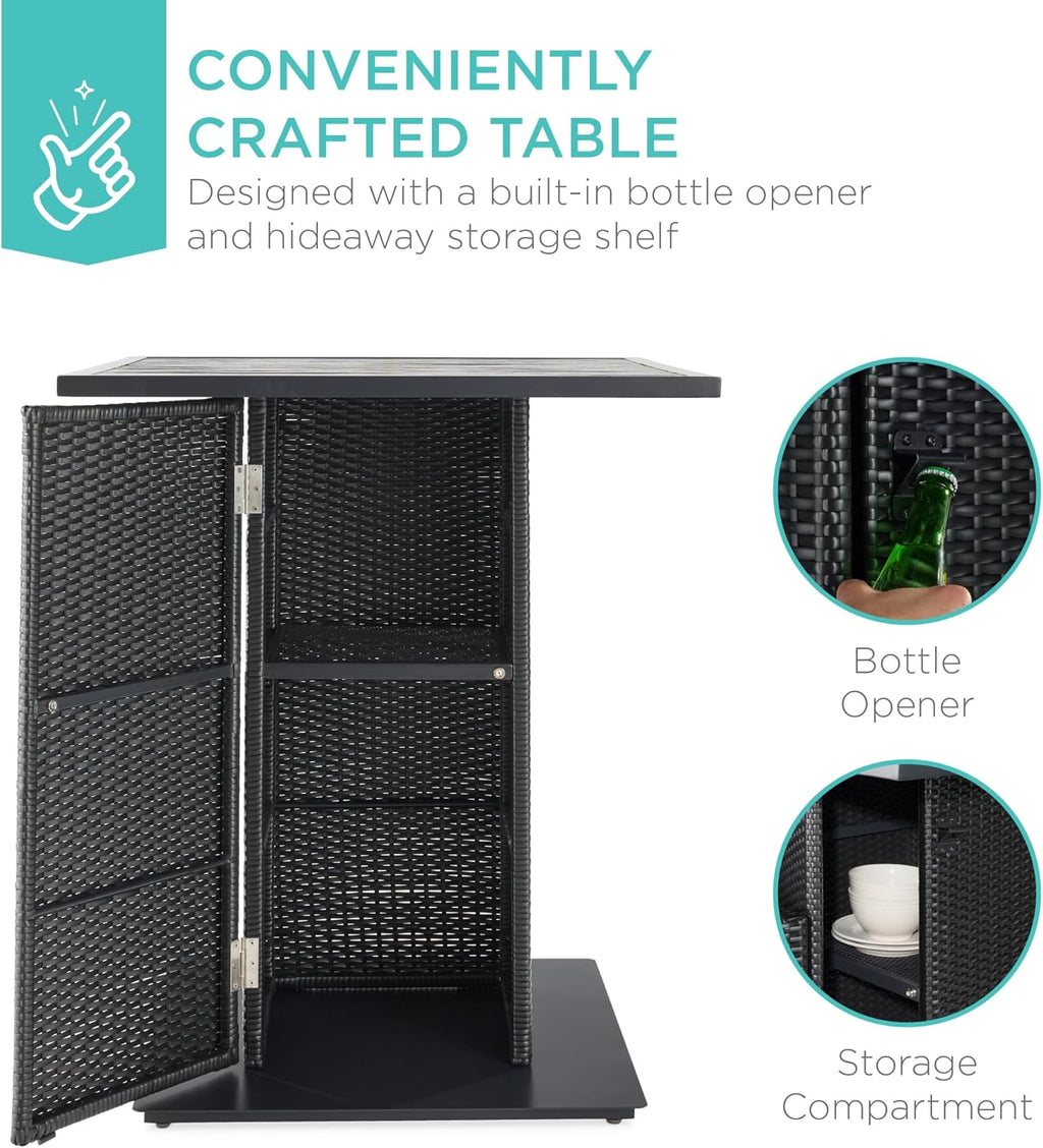 Best Choice Products - Juego de mesa de mimbre de 5 piezas para patio, piscina, patio trasero con abrebotellas integrado, estante de almacenamiento oculto, mesa de metal, 4 taburetes, color negro