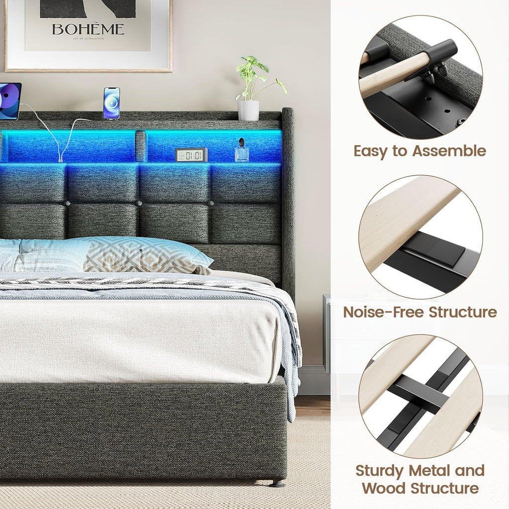 Marco de Cama de tamaño King con Almacenamiento, Marco tapizado para Cama King con estación de Carga y cabecera de Luces LED, no Necesita somier, fácil Montaje, Gris Oscuro