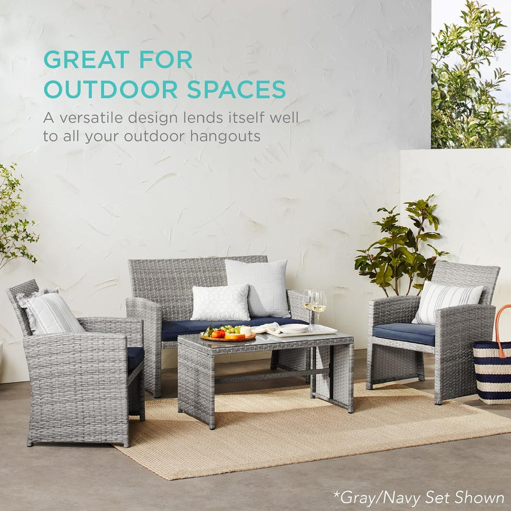 Best Choice Products - Juego de muebles de mimbre para patio de patio de 4 piezas para patio trasero con mesa de centro, cojines de asiento, color negro y gris