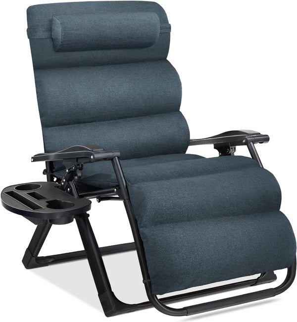 Best Choice Products - Silla reclinable plegable para patio al aire última intervensión, tumbona antigravedad XL con cojín extraíble, soporte para tazas, bandeja lateral, capacidad de 350 libras,