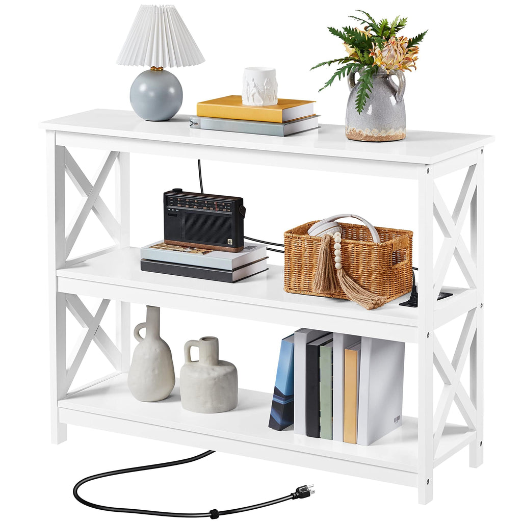 Yaheetech - Mesa de consola con 3 estantes de almacenamiento, mesa de entrada, sofá, mesa auxiliar estrecha y larga estantería para pasillo, sala de estar, muebles decorativos, color gris