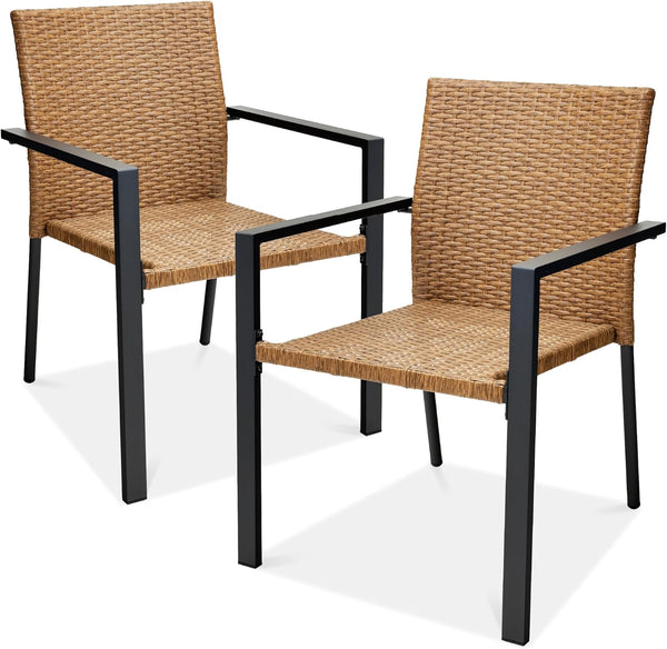 Best Choice Products - Juego de 2 sillas apilables de mimbre para exteriores, para todo tipo de clima, con reposabrazos, marco de acero para patio, terraza, jardín, patio, natural