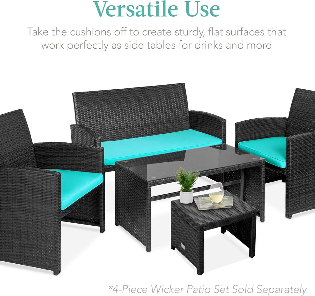 Best Choice Products Juego de 2 otomanas de mimbre, muebles de exterior multiusos para patio, patio trasero, asientos adicionales, mesas auxiliares con cojines extraíbles resistentes a la intemperie, marco de acero, color negro y verde azulado