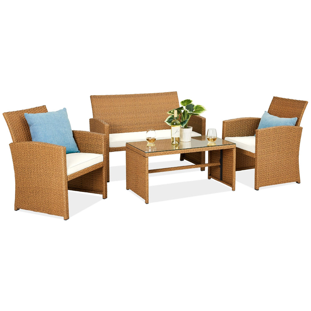 Best Choice Products - Juego de muebles de mimbre para patio de patio de 4 piezas para patio trasero con mesa de centro, cojines de asiento, color topo/arena blanca