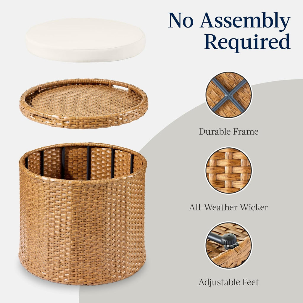 Best Choice Products - Otomana redonda de mimbre, muebles multiusos para exteriores, para patio, asiento adicional, reposapiés, mesa auxiliar con almacenamiento, cojines extraíbles, color natural