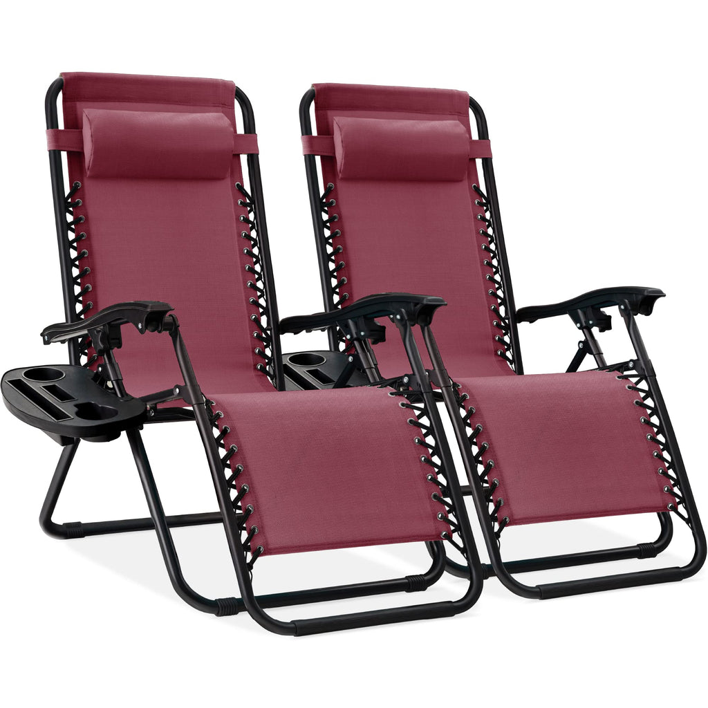 Best Choice Products - Juego de 2 sillas reclinables ajustables de malla de acero con gravedad cero con almohadas y bandejas para portavasos - rosa intenso/negro