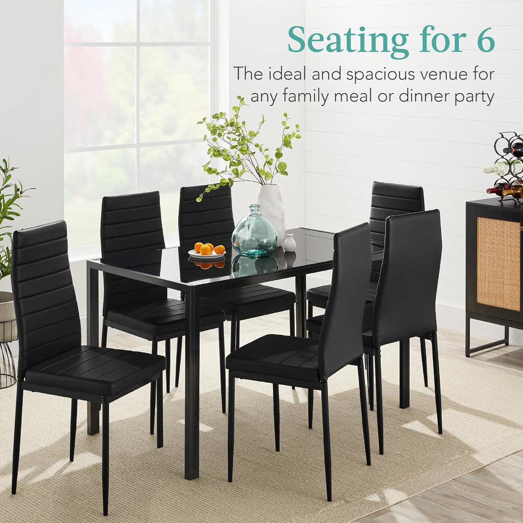Best Choice Products - Juego de comedor de vidrio de 7 piezas, muebles modernos de mesa de cocina para comedor, comedor, comedor, compacto ahorro de espacio con mesa de vidrio, 6 sillas de poliuretano