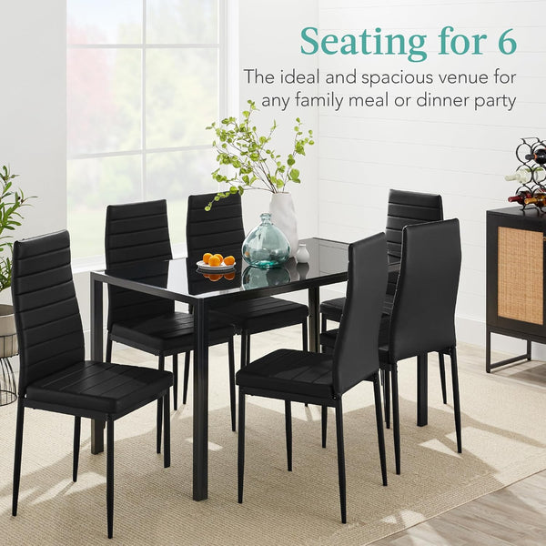 Best Choice Products - Juego de comedor de vidrio de 7 piezas, muebles modernos de mesa de cocina para comedor, comedor, comedor, compacto ahorro de espacio con mesa de vidrio, 6 sillas de poliuretano