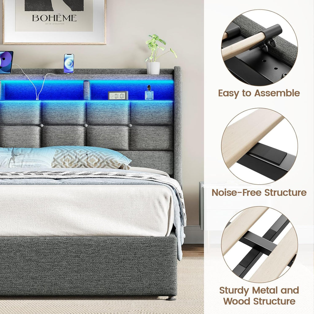 Marco de Cama de tamaño Queen con Almacenamiento, Marco de Cama tapizado tamaño Queen con Luces LED, cabecera y estación de Carga, no Necesita somier, fácil Montaje, Gris Claro