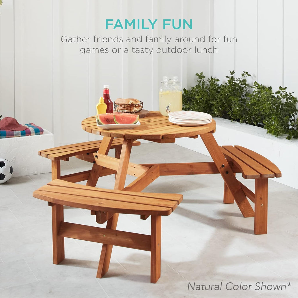 Best Choice Products Mesa circular de picnic de madera para 6 personas para patio, patio, jardín, bricolaje con 3 bancos integrados, capacidad de 500 libras, color café nogal