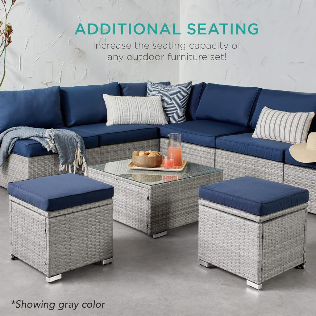 Best Choice Products - Juego de 2 otomanas de mimbre, muebles multiusos para exteriores, para patio, asiento adicional, reposapiés, mesa auxiliar con almacenamiento, cojines extraíbles, gris cemento
