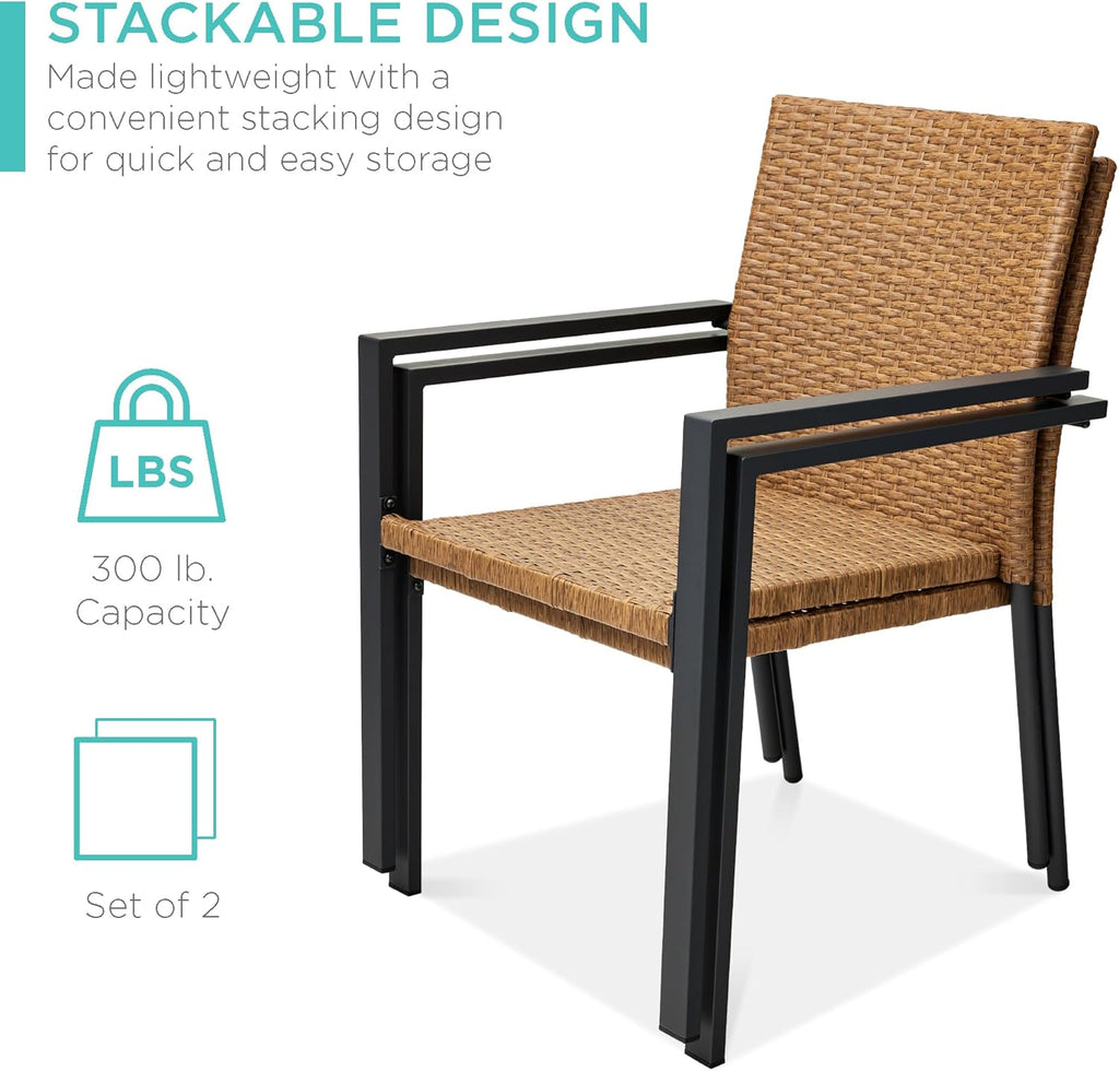 Best Choice Products - Juego de 2 sillas apilables de mimbre para exteriores, para todo tipo de clima, con reposabrazos, marco de acero para patio, terraza, jardín, patio, natural