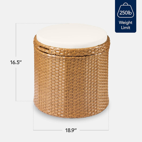 Best Choice Products - Otomana redonda de mimbre, muebles multiusos para exteriores, para patio, asiento adicional, reposapiés, mesa auxiliar con almacenamiento, cojines extraíbles, color natural