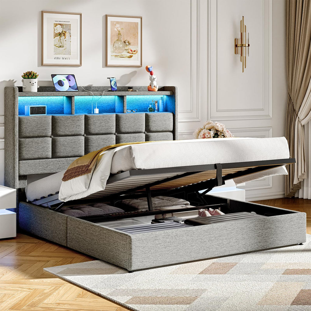 Marco de Cama de tamaño Queen con Almacenamiento, Marco de Cama tapizado tamaño Queen con Luces LED, cabecera y estación de Carga, no Necesita somier, fácil Montaje, Gris Claro