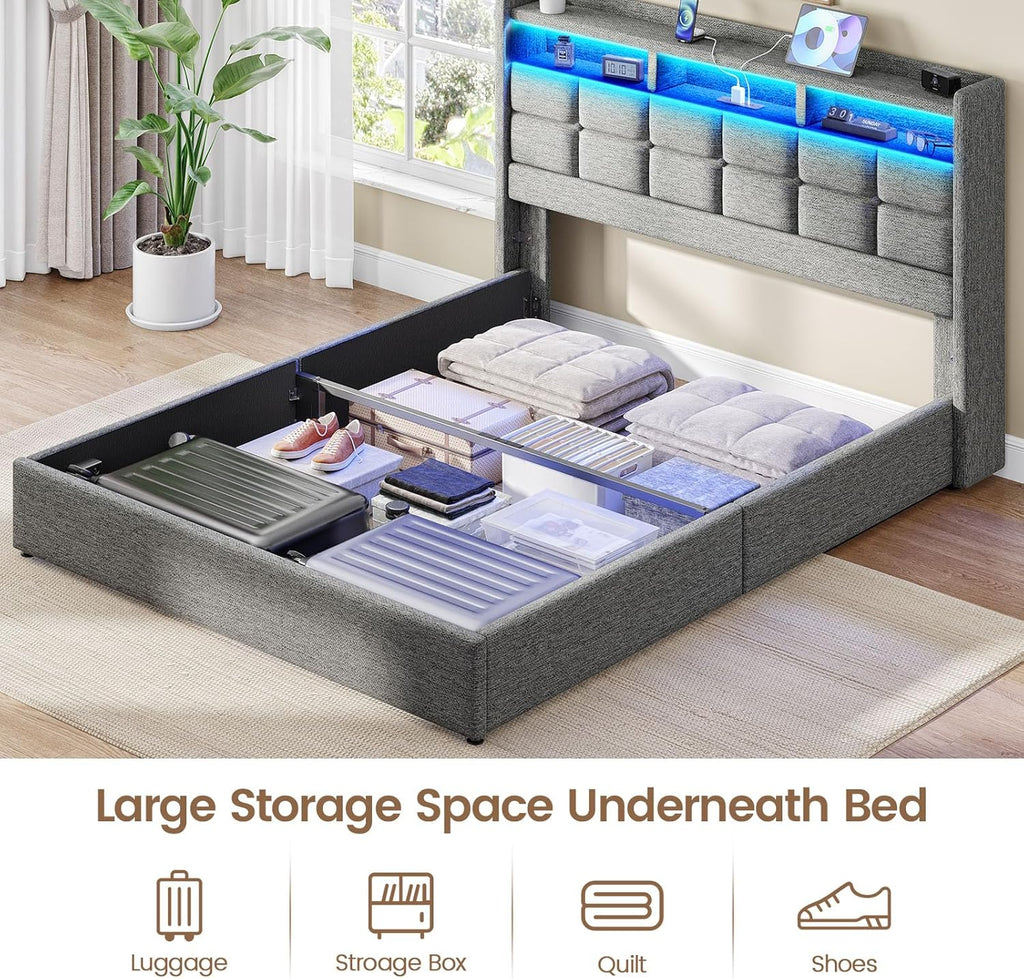 Marco de Cama de tamaño Queen con Almacenamiento, Marco de Cama tapizado tamaño Queen con Luces LED, cabecera y estación de Carga, no Necesita somier, fácil Montaje, Gris Claro