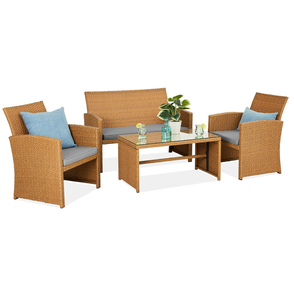 Best Choice Products - Juego de muebles de mimbre para patio de patio de 4 piezas para patio trasero con mesa de centro, cojines de asiento, color topo/arena blanca