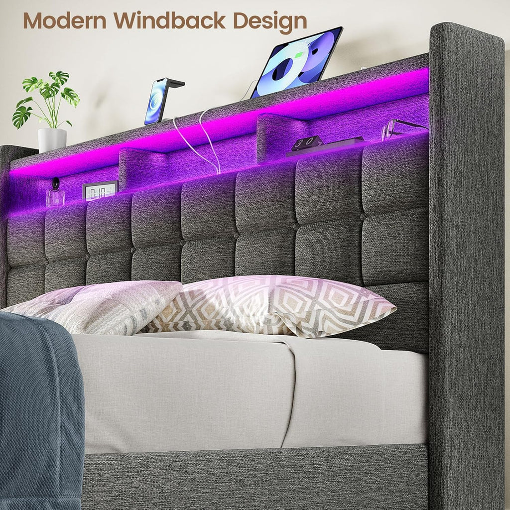 Marco de Cama de tamaño King con Almacenamiento, Marco tapizado para Cama King con estación de Carga y cabecera de Luces LED, no Necesita somier, fácil Montaje, Gris Oscuro
