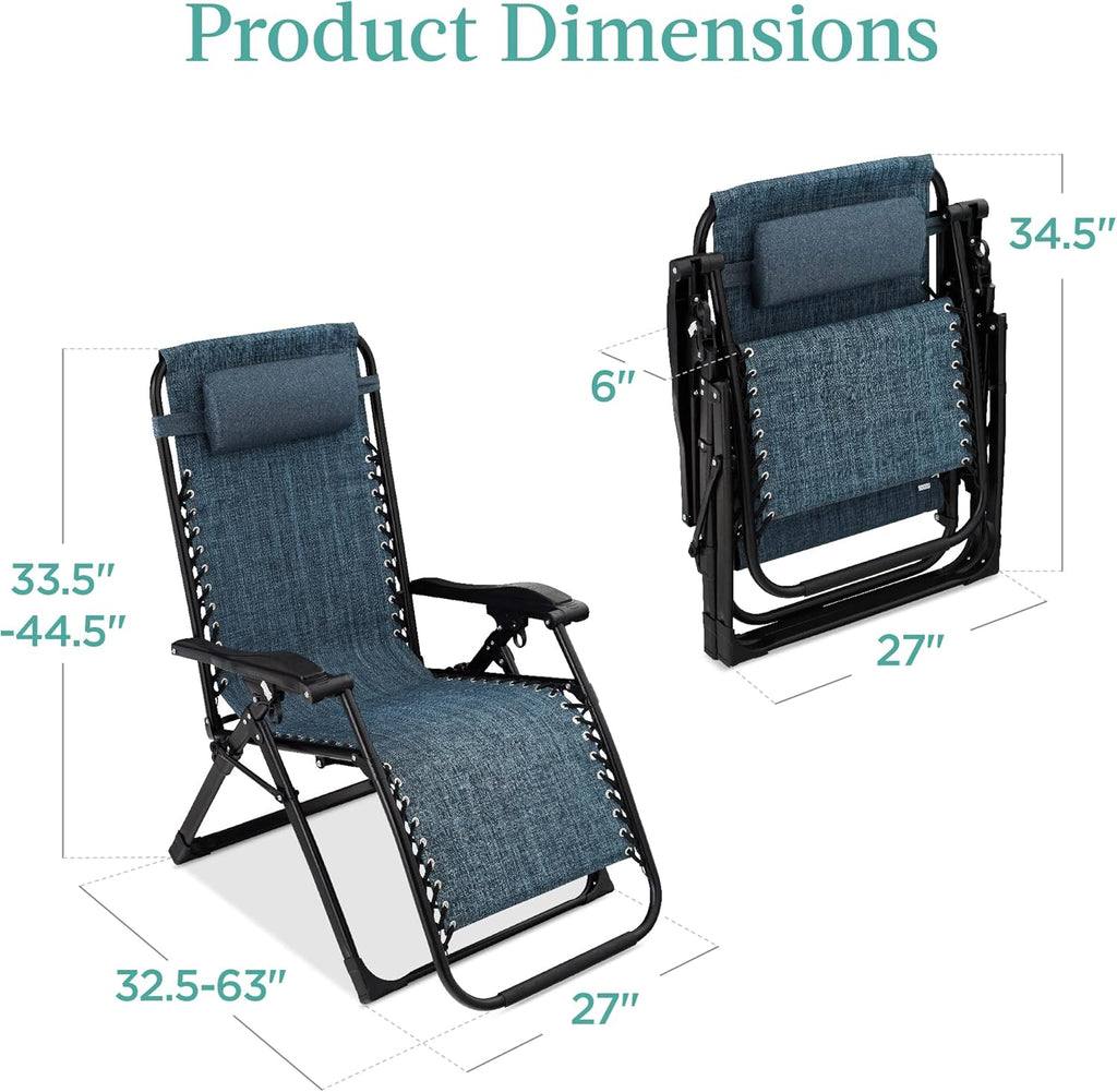 Best Choice Products - Silla reclinable plegable para patio al aire última intervensión, tumbona antigravedad XL con cojín extraíble, soporte para tazas, bandeja lateral, capacidad de 350 libras,